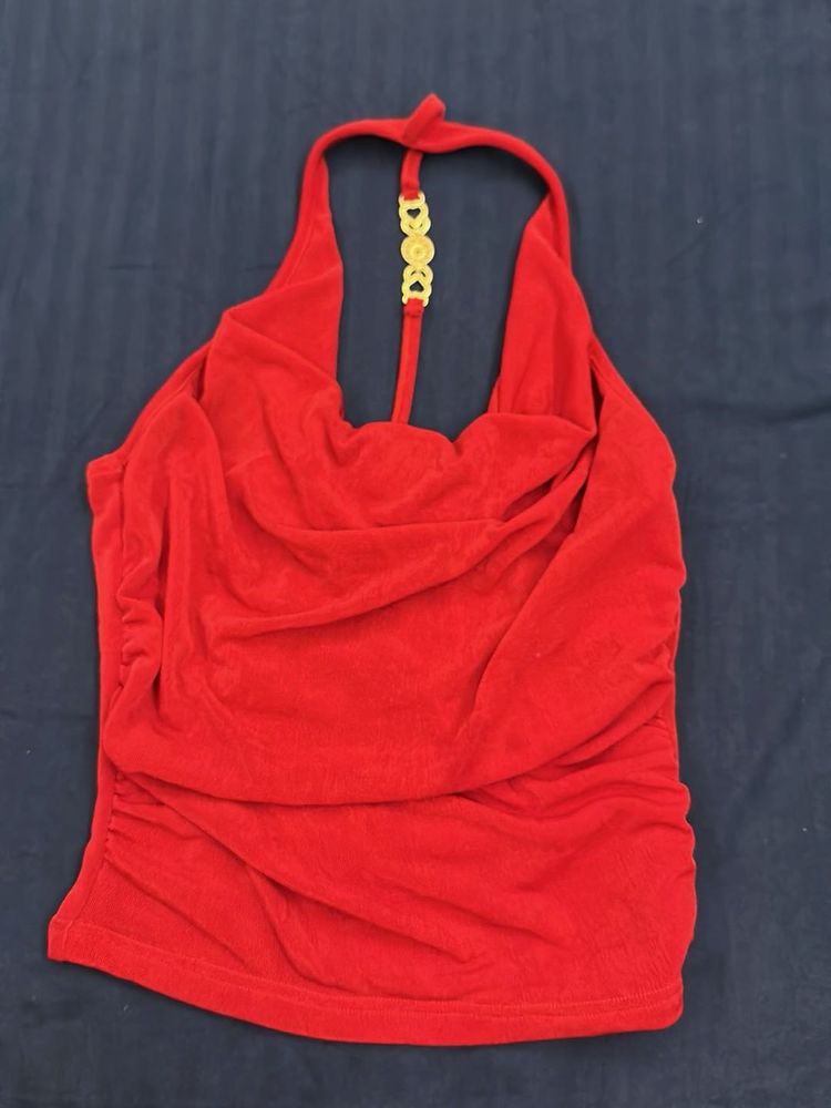Red Halter cowl neck Top with Gold Detail