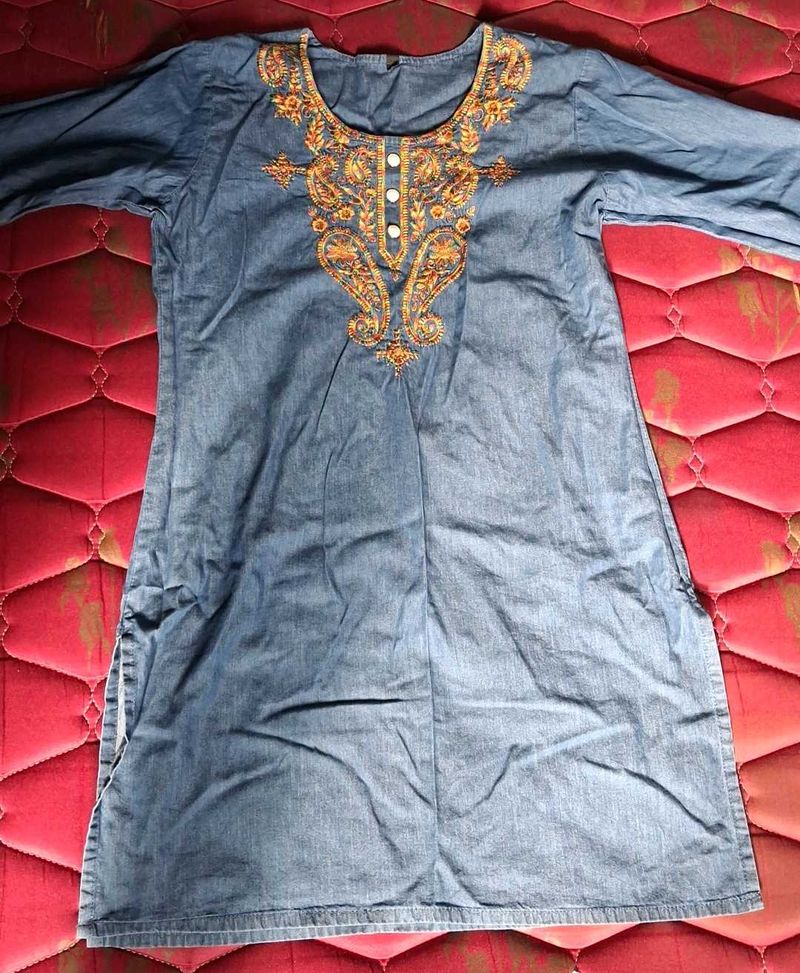 Embroidered Denim Kurta