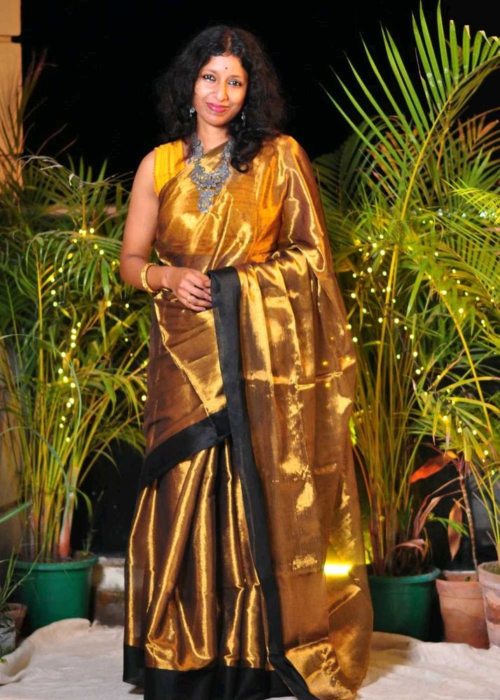 Golden Tissue Cotton Saree with Black Border