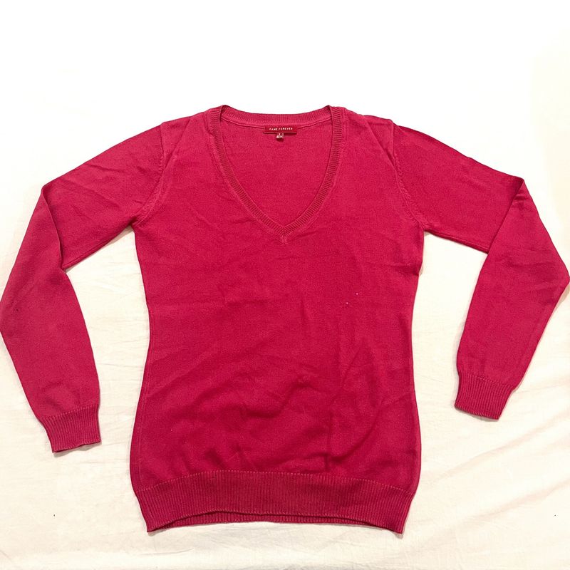Rosy Pink V Neck Cotton Sweater By Fame Forever