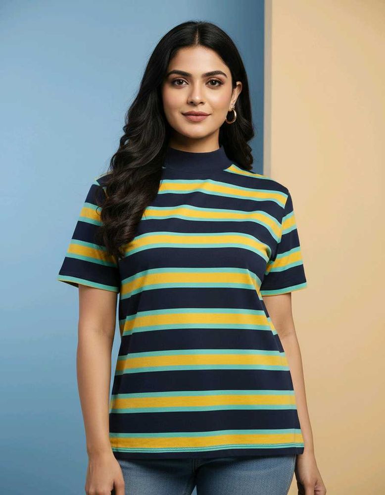 Striped Mock Neck T-Shirt