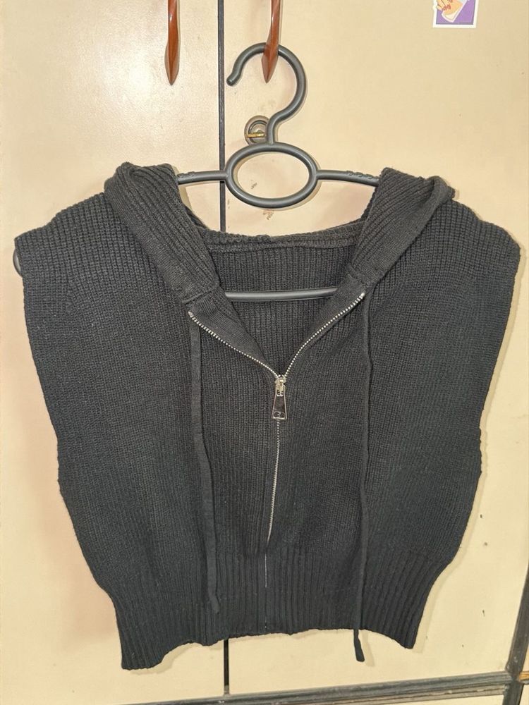 Black Zip-Up Hooded Knit Vest