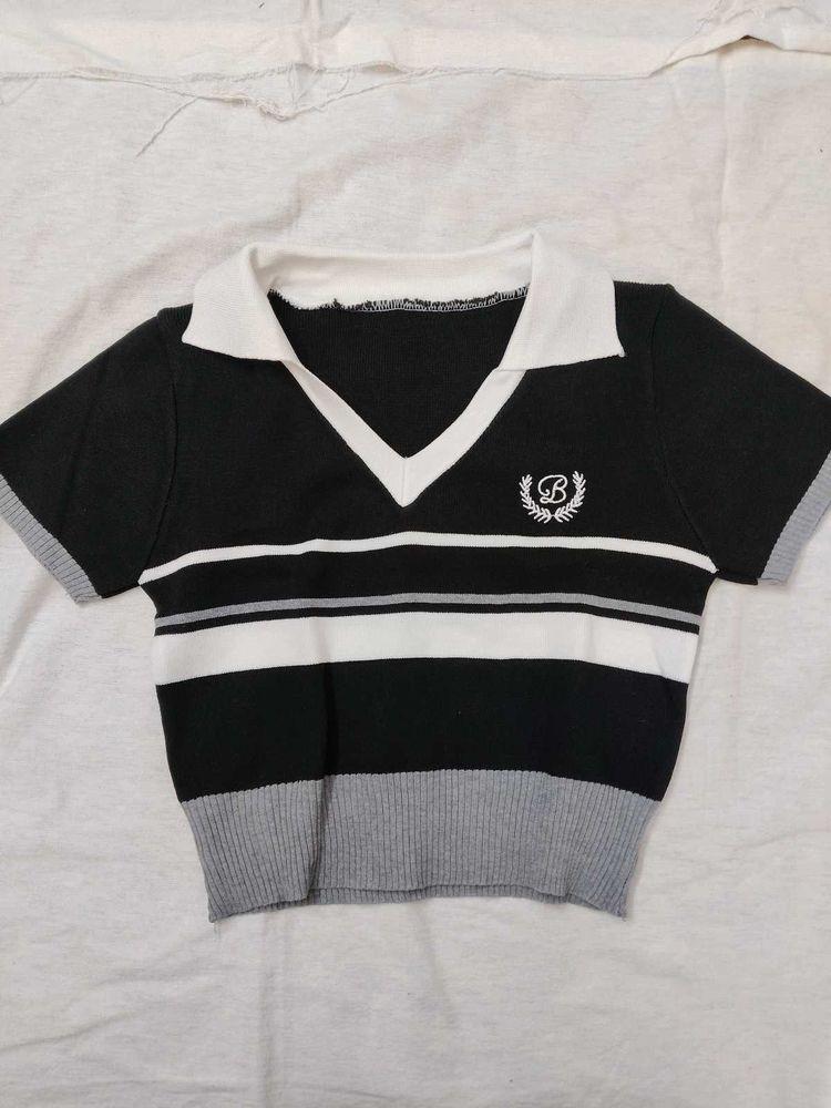 Striped V-Neck Polo Top