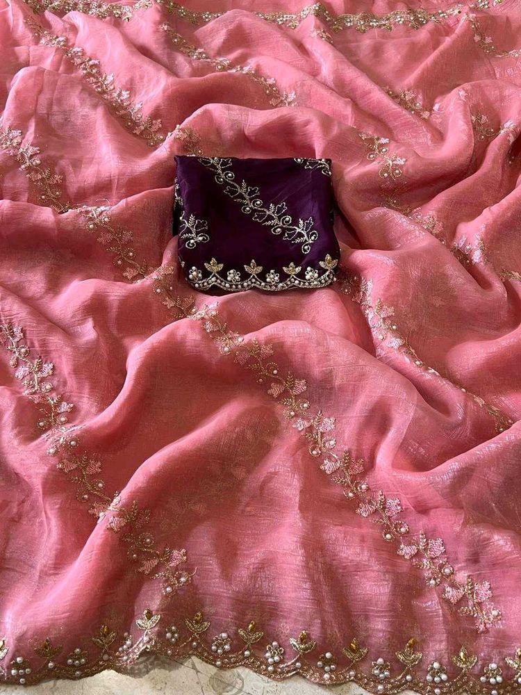 Elegant Pink Embroidered Saree