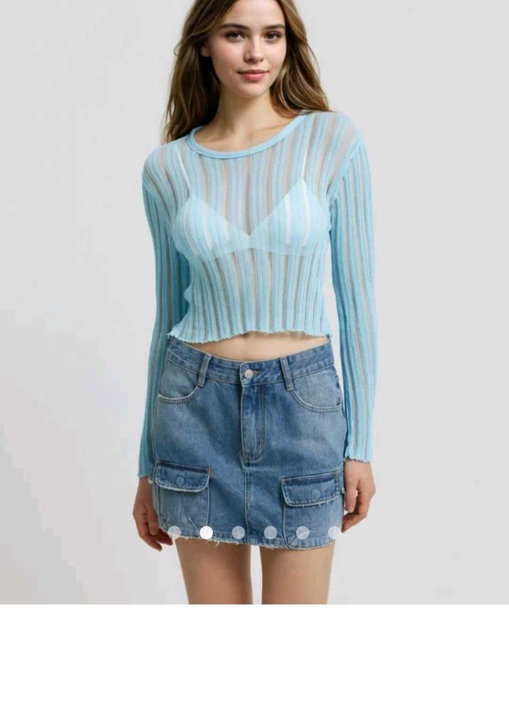 Savana Light Blue Ribbed Long Sleeve Top