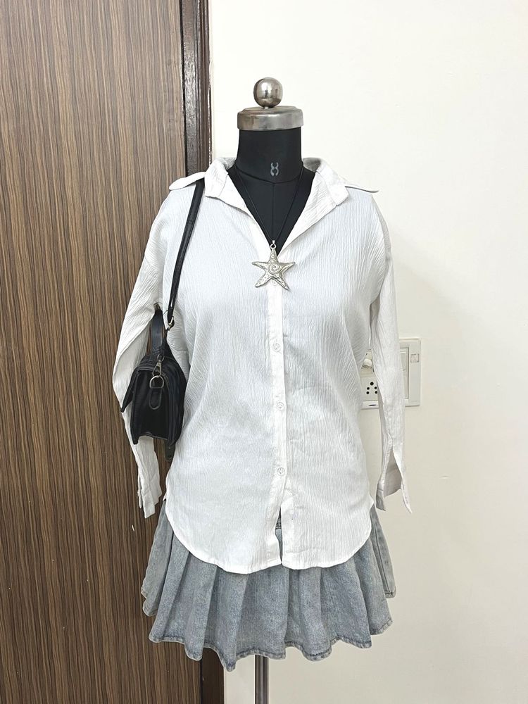 White Textured Button-Up Shirt