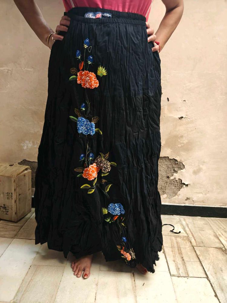 Embroidered Black Cotton Maxi Skirt