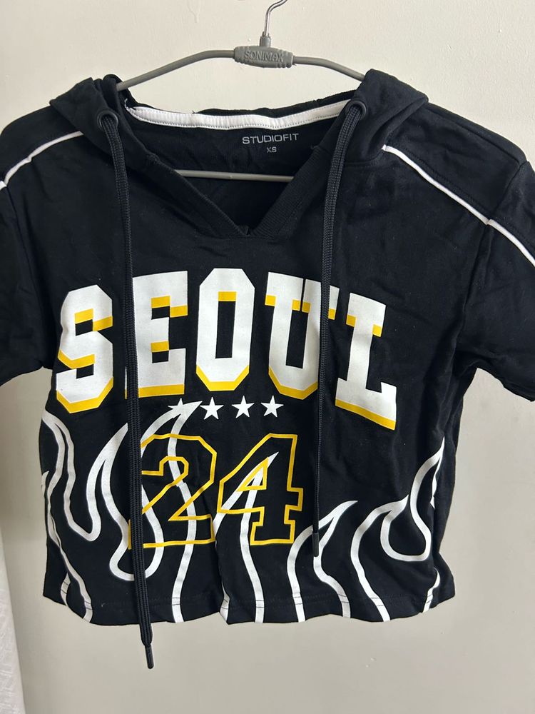 Black Cropped Hoodie Top
