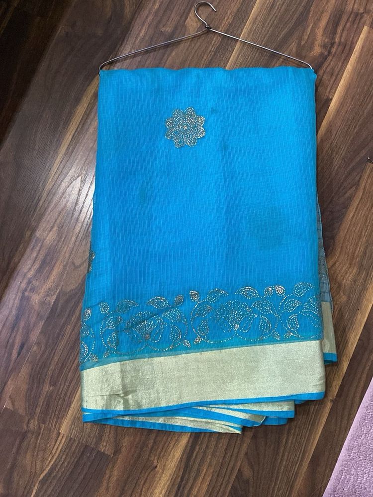 Stunning Blue Saree with Gold Border