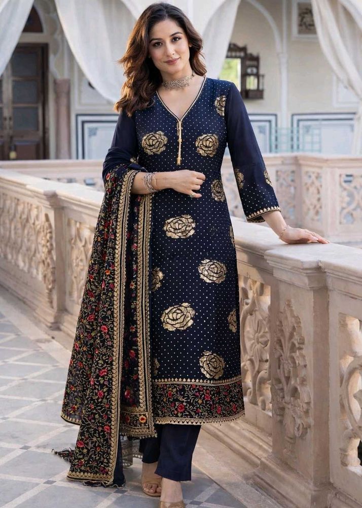 Elegant Navy Blue Embroidered Suit Set