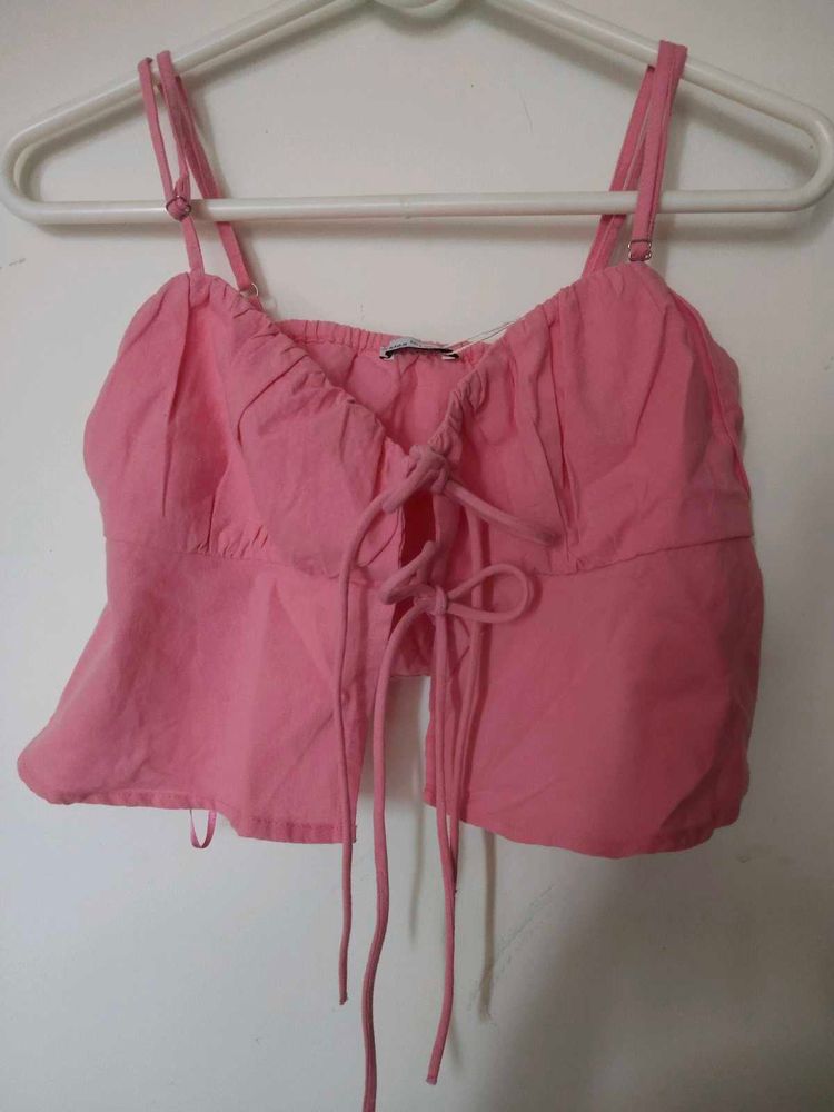 Bershka Pink Tie-Front Cropped Camisole Top
