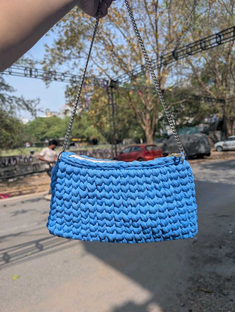 Chic Blue Crocheted Shoulder Bag
