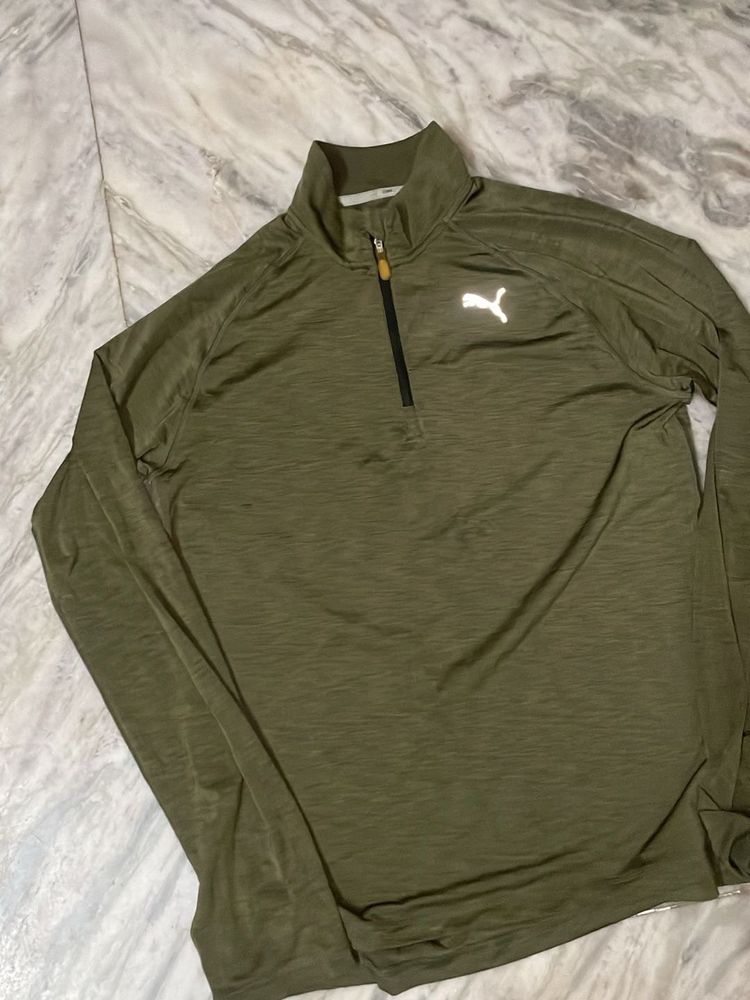 Puma Half Zip Long Sleeve Olive T- Shirt