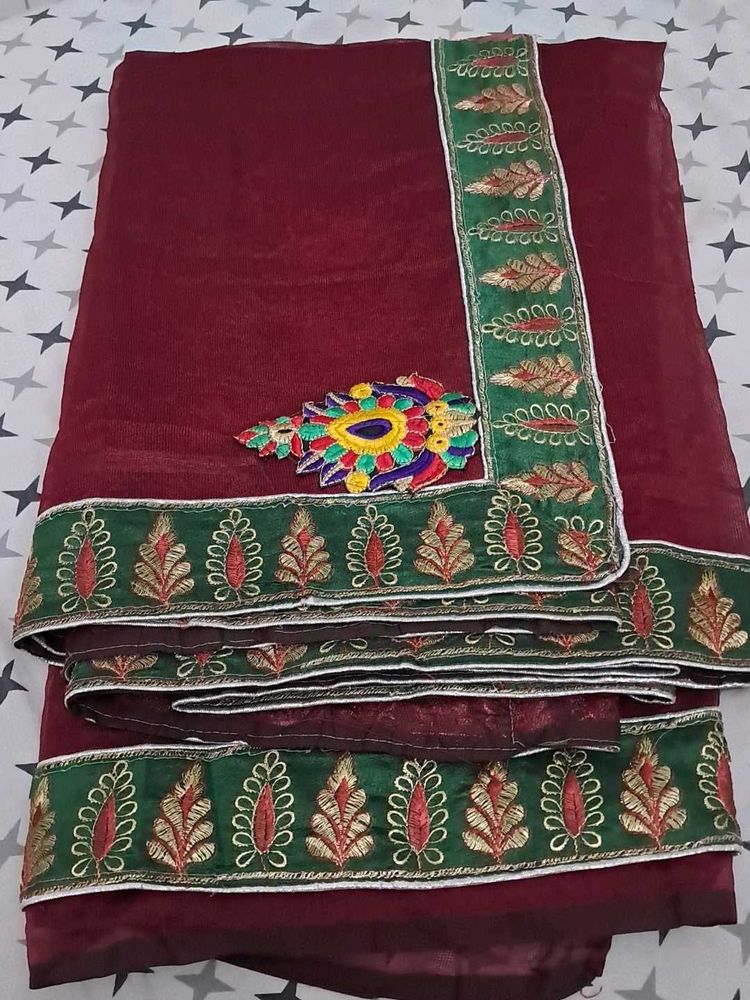 Maroon Embroidered Saree with Green Border