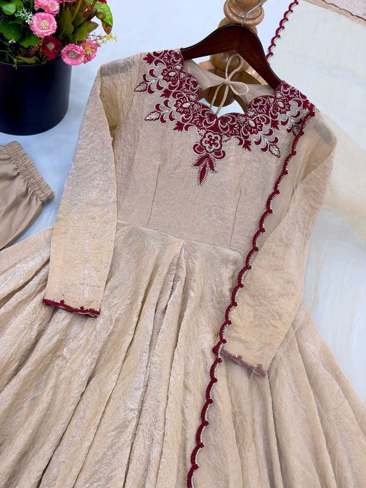 Elegant Beige Kurta Set with Maroon Embroidery