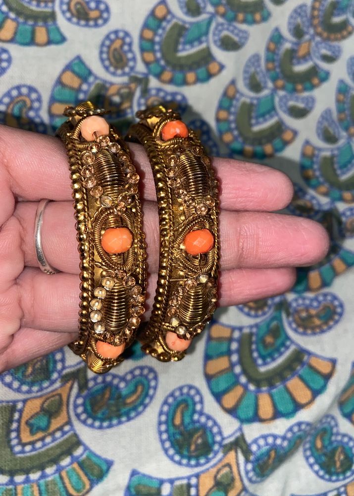 2 Peach Metallic Golden Bangles