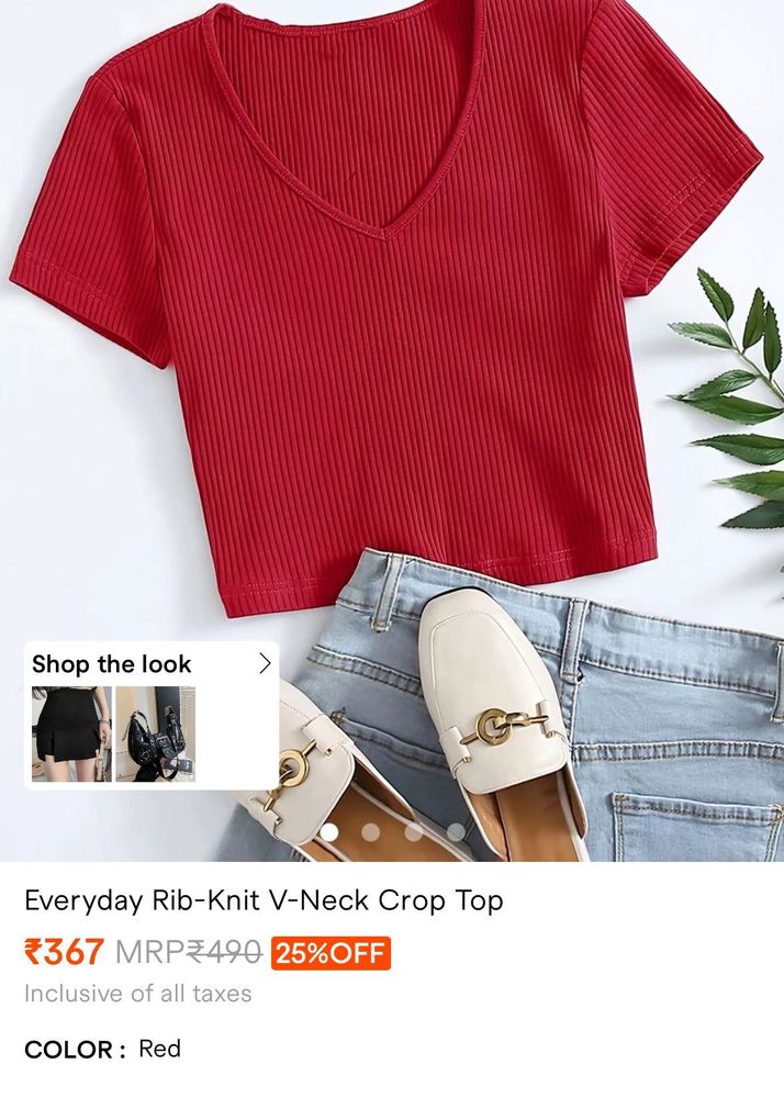 Red Ribbed V-Neck Cropped Top