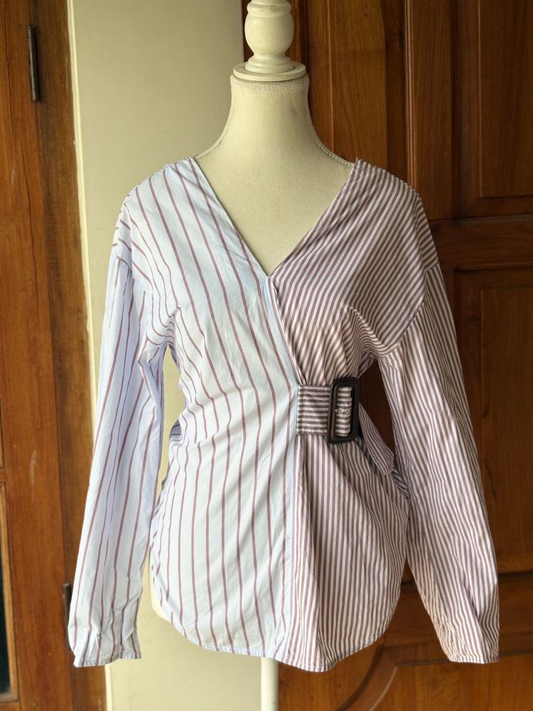 Striped Wrap Blouse with Belt