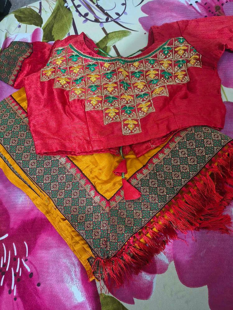 Vibrant Yellow &amp; Red Saree with Embellished Blouse