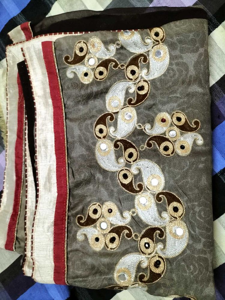 Embroidered Grey Saree with Mirror Work