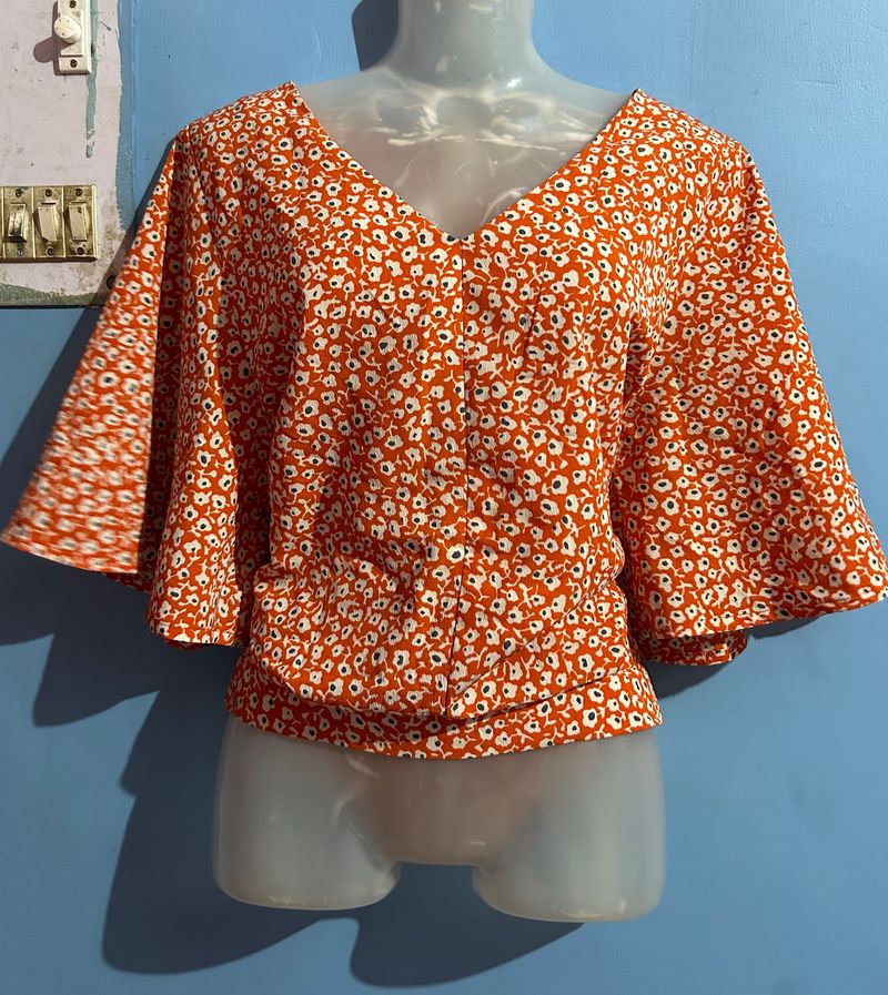 Orange Floral Printed V-neck| Korean Top