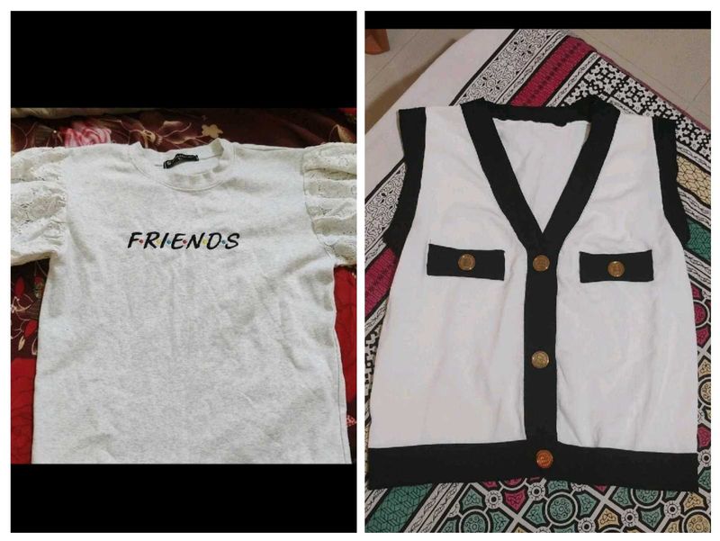 Cute Friends Graphic Tee &amp; V-Neck Vest Set