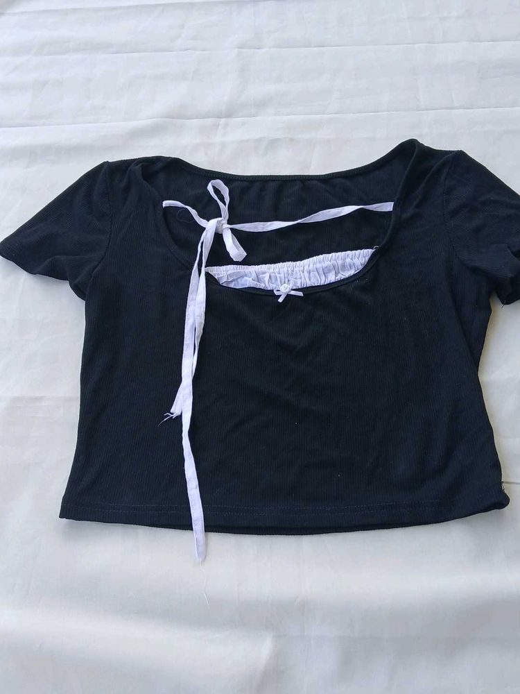 Black Crop Top with Ribbon Detail