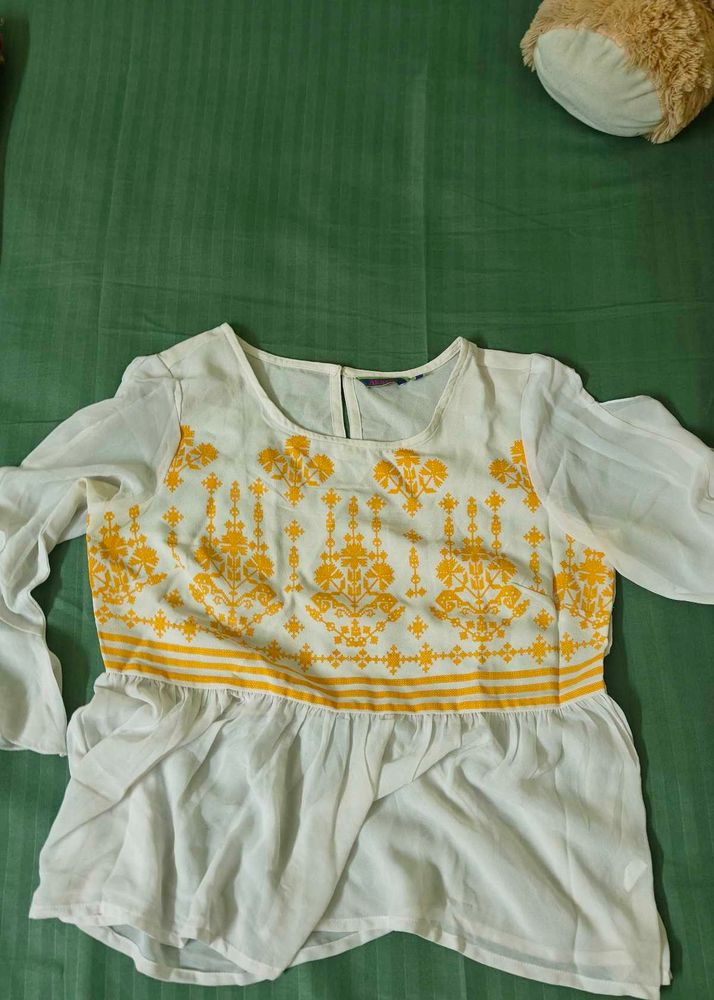 White &amp; Yellow Embroidered Peplum Top