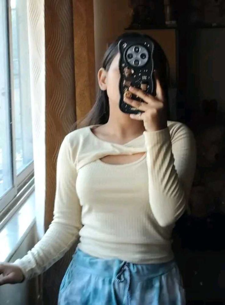 Cream Ribbed Cut-Out Long Sleeve Top