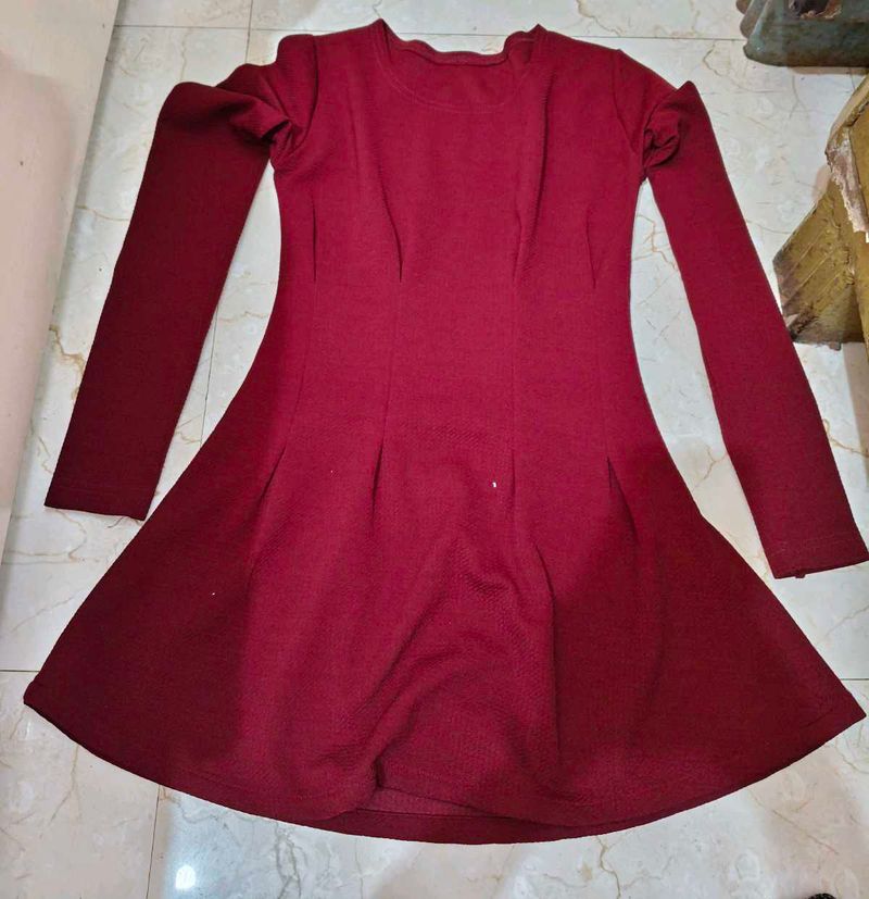 Maroon Long Sleeve Fit &amp; Flare Dress