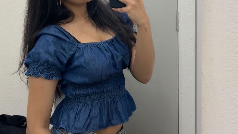 H&amp;M size-S Blue Denim Peplum Top