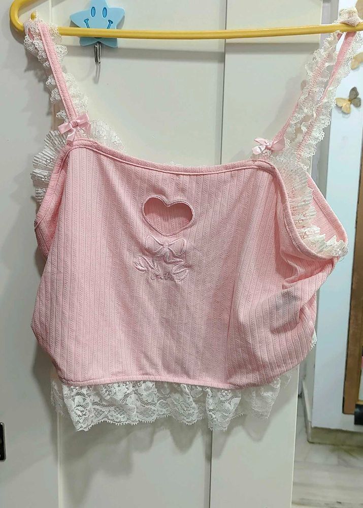Pink Lace Trim Heart Cami Top
