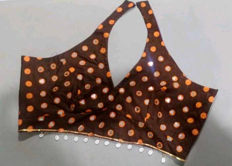 Stylish Polka Dot Blouse with Mirror Work