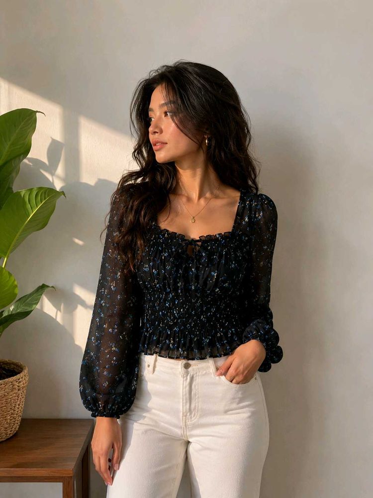Sheer Floral Smocked Top