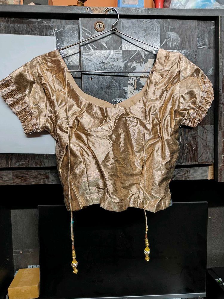 Golden Designer Saree Blouse with Embroidered Slee