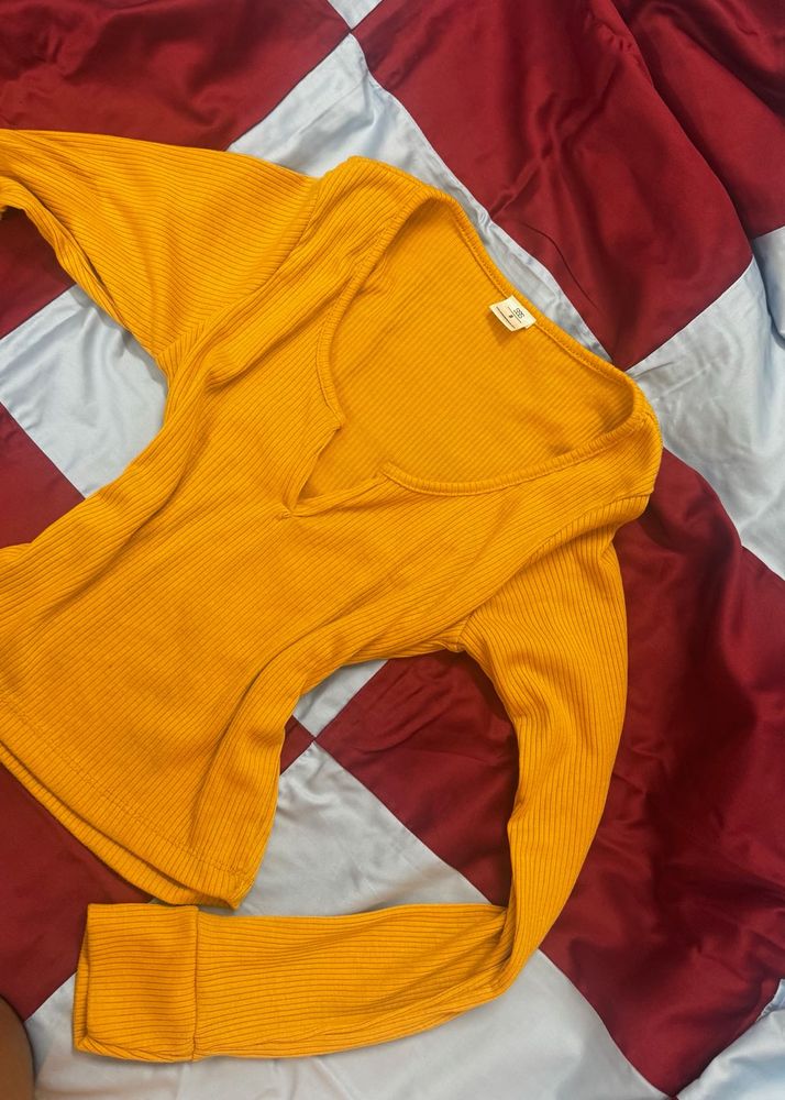 yellow full Sleeve fitted Henley Top