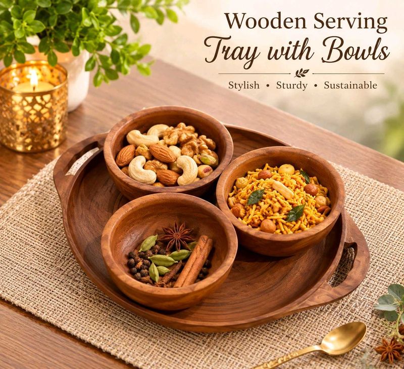 Handcrafted Wooden Serving Bowl Set with Tray
