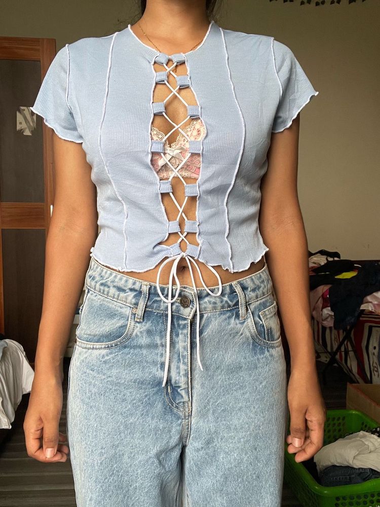 Cute Blue Lace-Up Crop Top