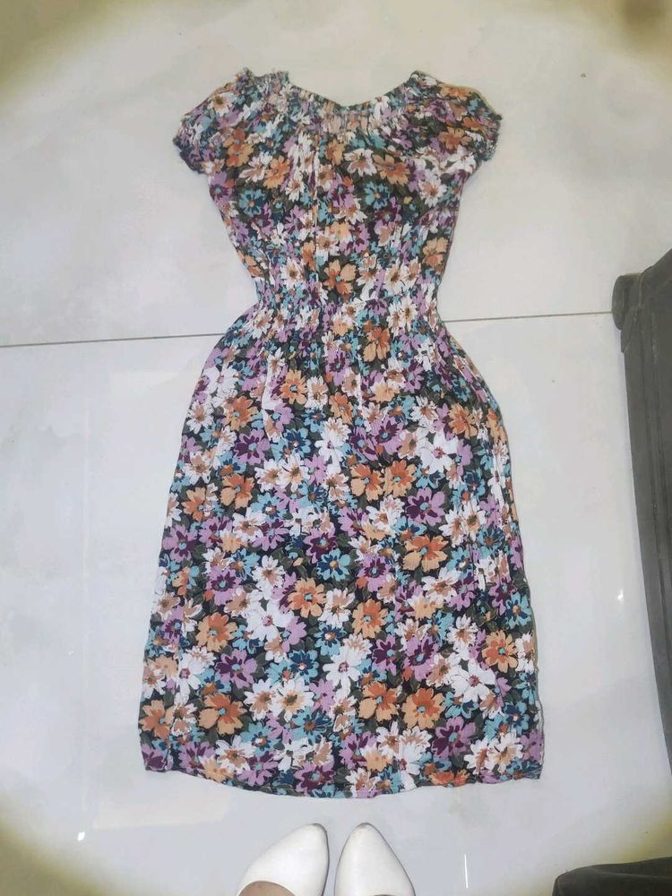 Floral Print Shirred Waist Dress