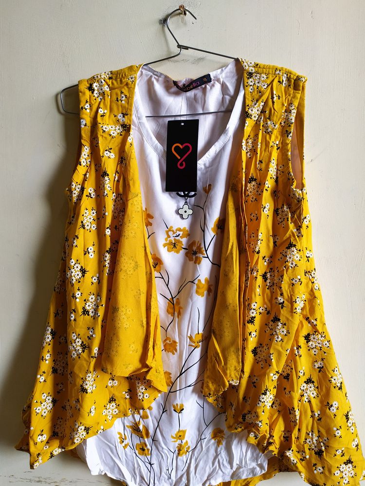 Women's Yellow Floral Sleeveless Shrug-Style Dress