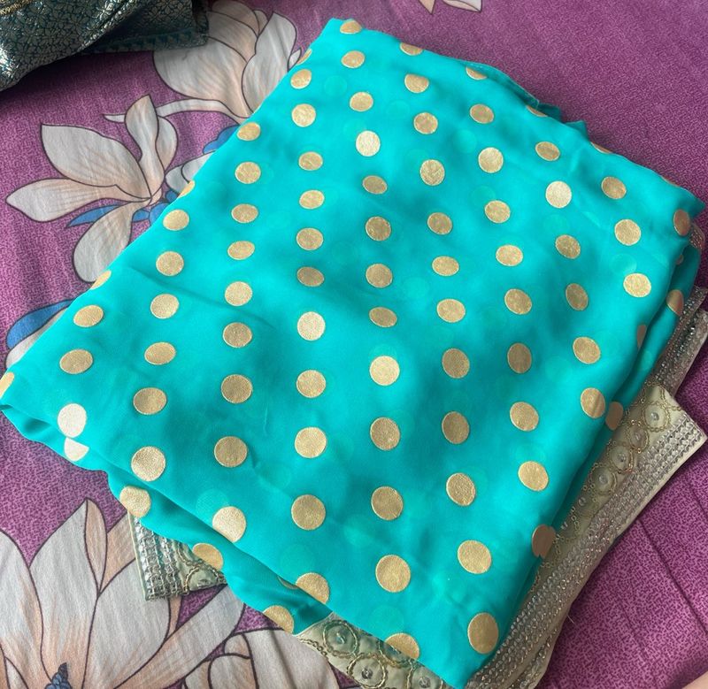 Beautiful Peacock Green with Gold Polka Dot Saree
