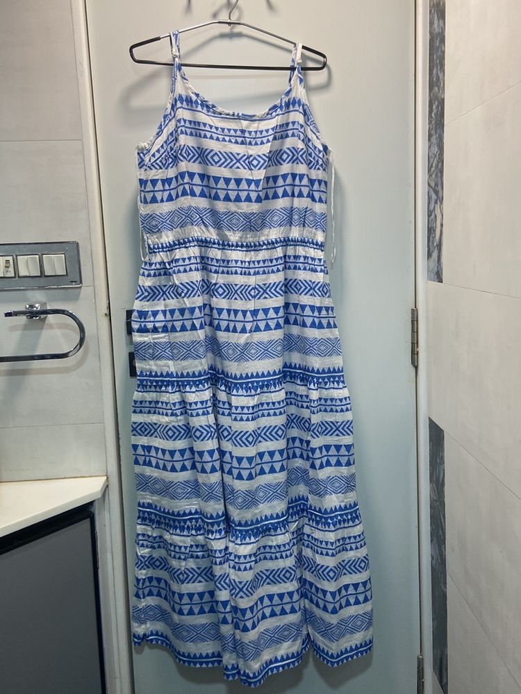 Flare Blue Dress Geometric Pattern