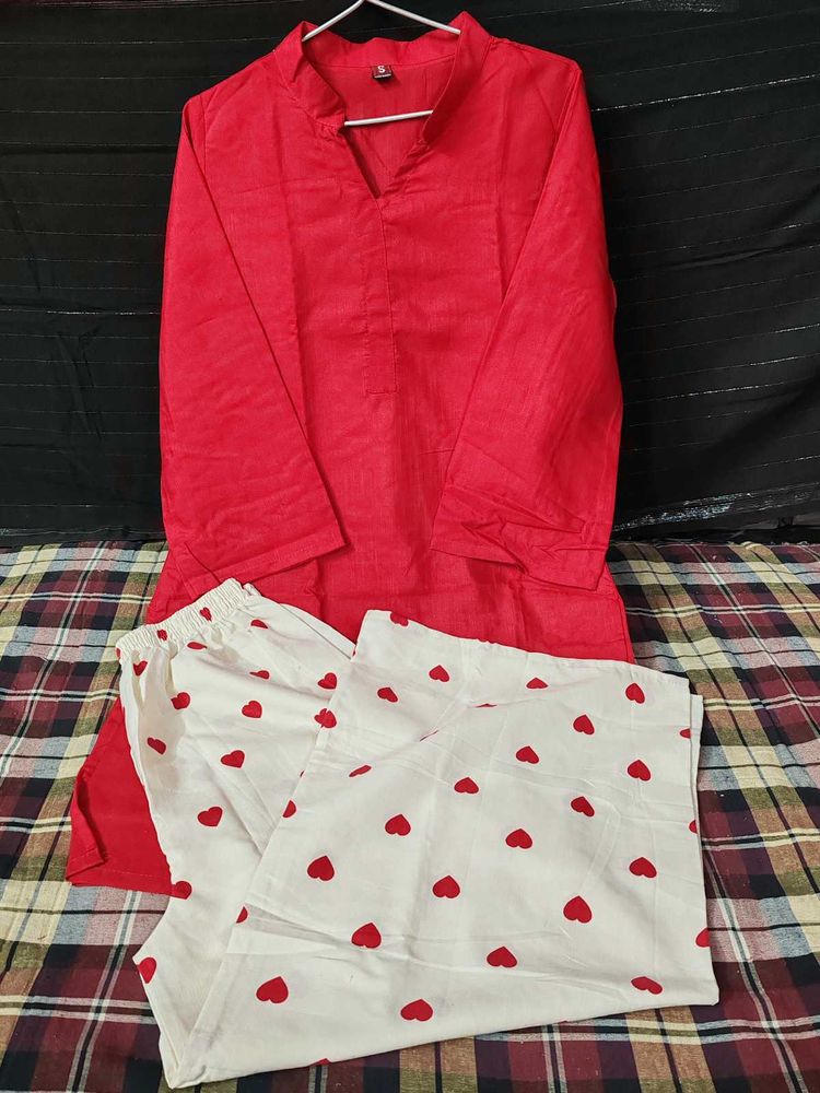 Red Kurta Set with Heart Print Pants