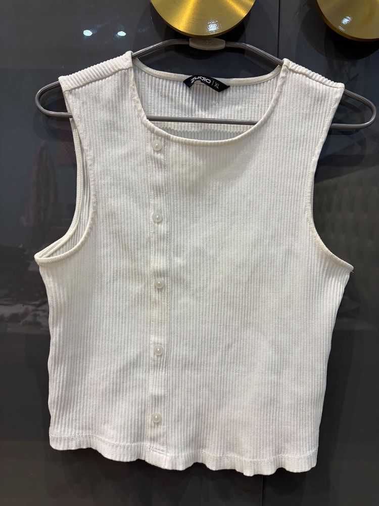 White Ribbed Button-Up Sleeveless Top