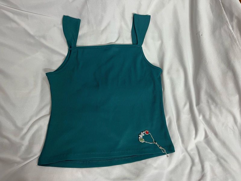 Teal Ribbed Tank Top with Charm