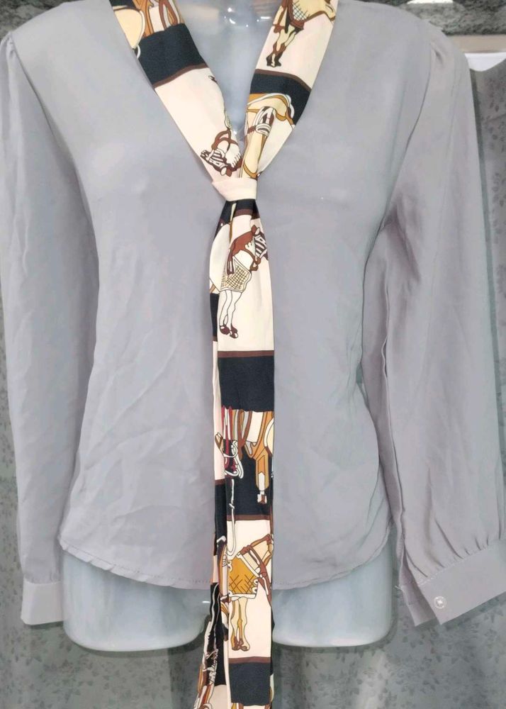 Vintage Horse Print Neck Tie Blouse