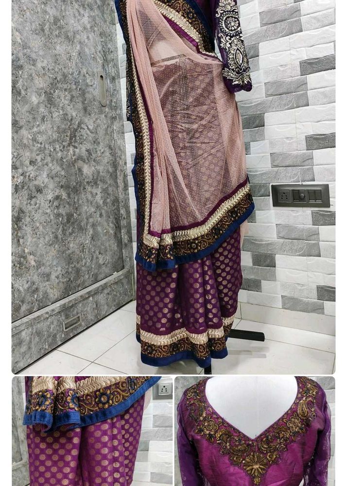 Elegant Purple Brocade Saree with Embellished Blou