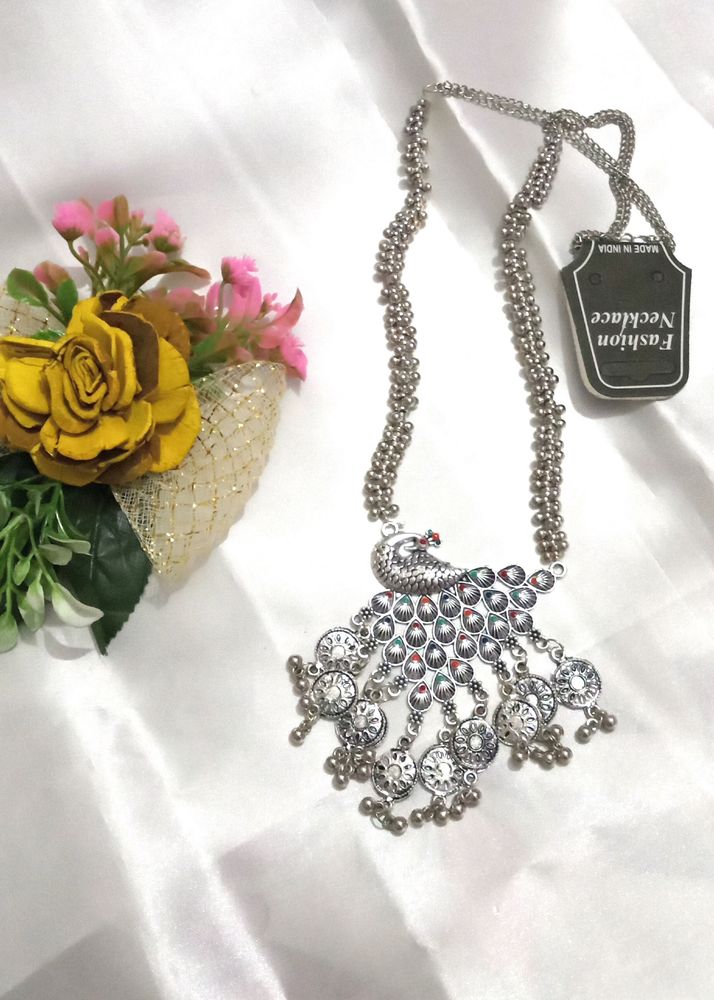 German Silver Polish Long Necklace, Peacock 🦚 Des