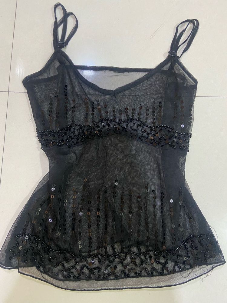 Y2k Sparkly Black Sheer Camisole Top