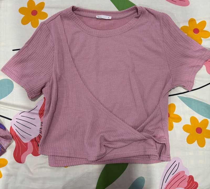 Pink Ribbed Twist Crop Top